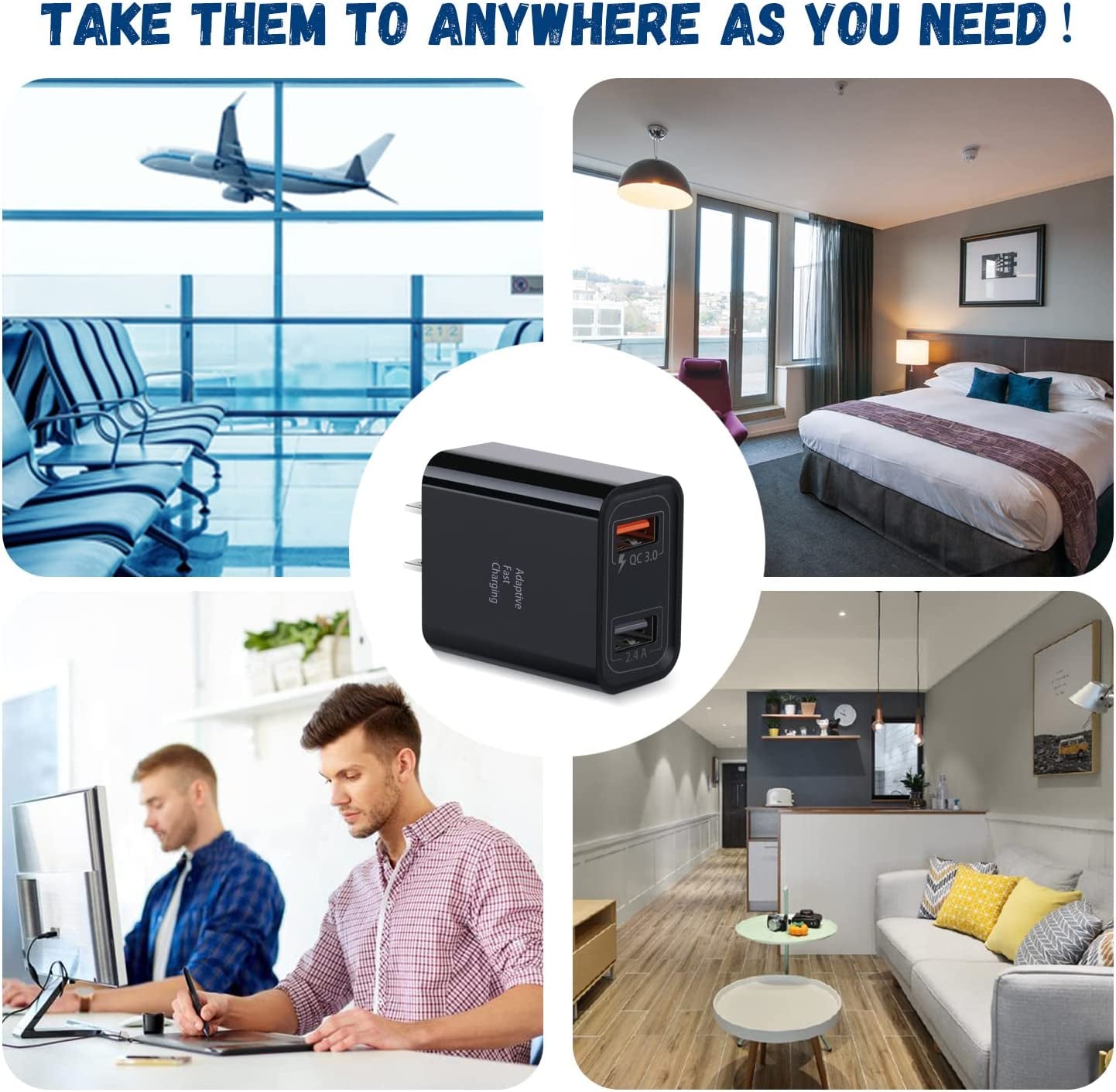Quick Fast Charge 3.0 USB Wall Charger, 5 Pack 30W Dual USB Power Adapter (Fast Charge 3.0&5V 2.4A) Adaptive Fast Charging Block Compatible Iphone 11 XS XR, Galaxy S10 S9,Note 10-Black
