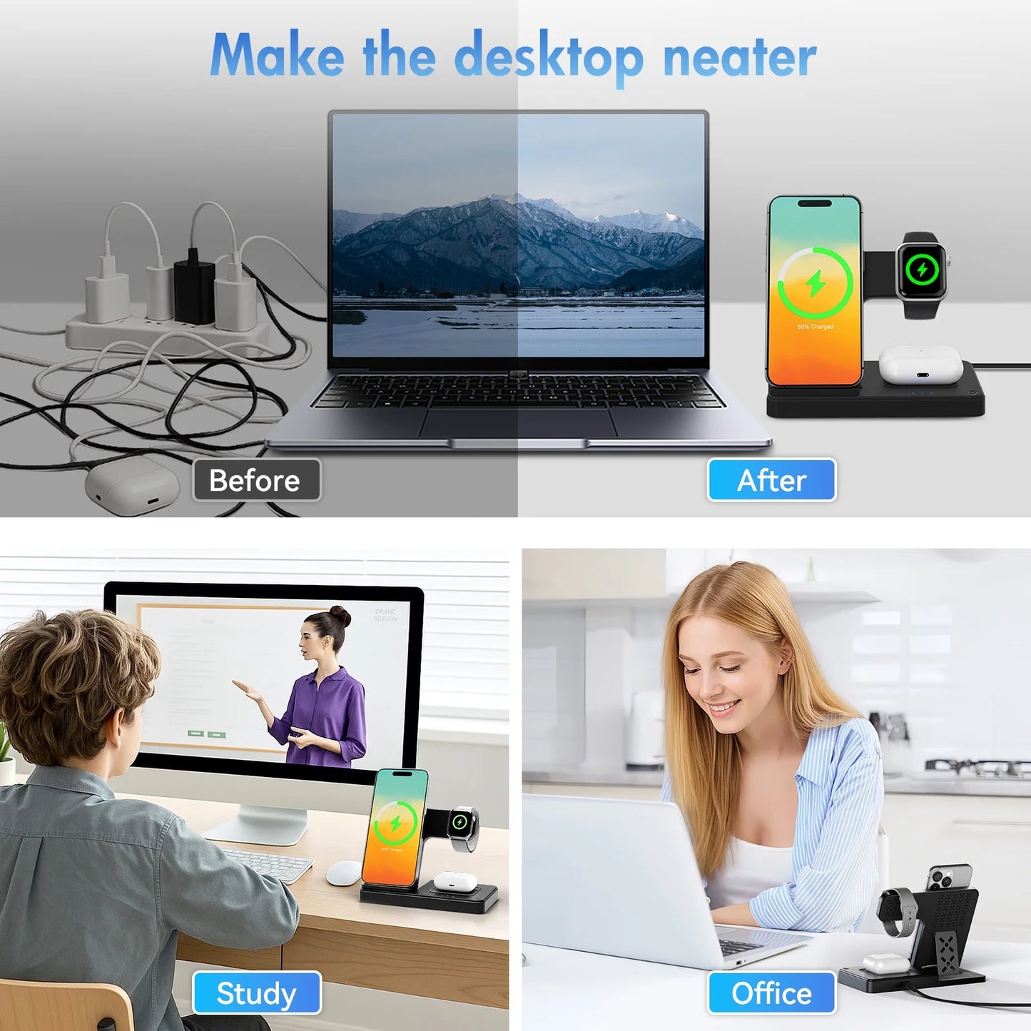 Charging Station, Wirelss Charger, Magnetic Fast Charging Station Compatible with Iphone 16 15 14 13 12 11 Pro Max XS XR, for Iwatch Series 9 8 7 6 5 4 3 2 SE, for Airpods 3 2 Pro